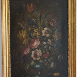 Small Empire Overmantel Miror, Decorated With An Urn And Flowers. empire in guilded wood, oil on canvas, France mid 19th century