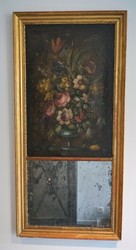 Small Empire Overmantel Miror, Decorated With An Urn And Flowers. empire in guilded wood, oil on canvas, France mid 19th century