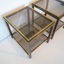Willy Rizzo Style Coffee Table & 2 Side Tables Hollywood Regency in brass, bronzed metal, smoked glass, France 1980