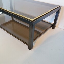 Willy Rizzo Style Coffee Table & 2 Side Tables Hollywood Regency in brass, bronzed metal, smoked glass, France 1980